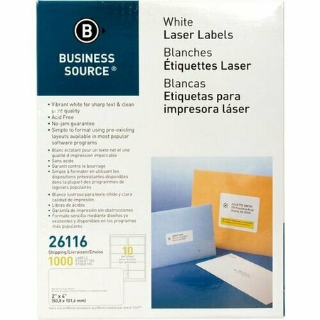 BUSINESS SOURCE Mailing Labels, Shipping, Laser/Inkjet, 2inx4in, White, 1000PK BSN26116